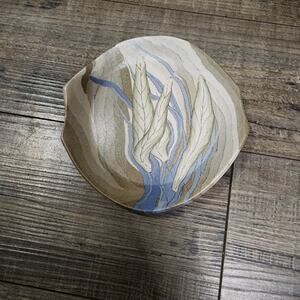 Gray, blue and white trinket tray with leaves signed Beautiful V